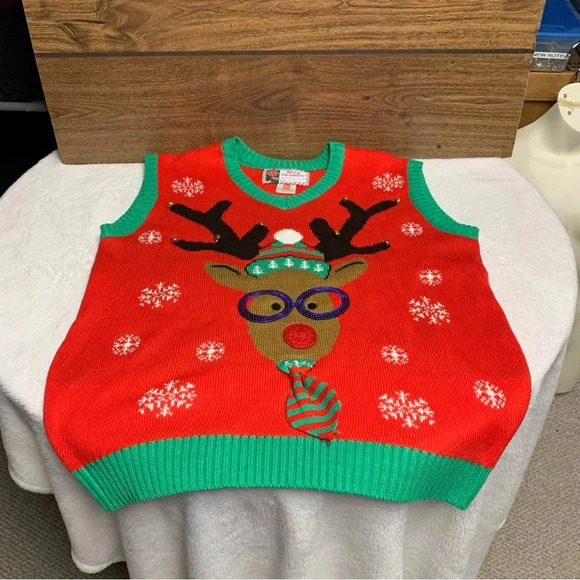 Merry Christmas sweater vest size XL reindeer with bells super festive - Picture 5 of 5